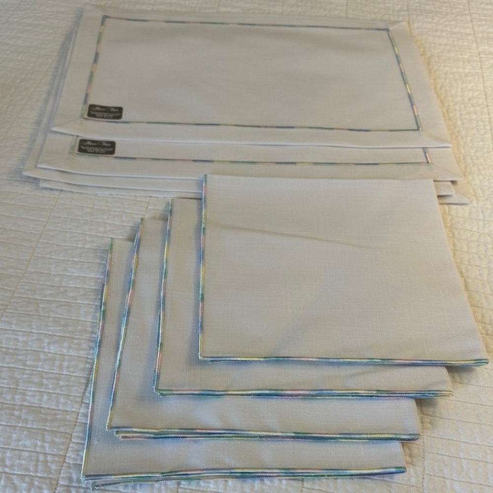 Easter White Linen Placemats with Pastel Trim Napkins Set of 4
